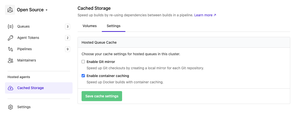 Hosted agents container cache setting displayed in the Buildkite UI