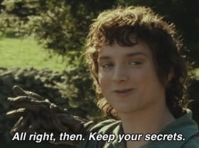 Shh... an Easter Egg image of Frodo from Lord of the Rings saying "All right then. Keep your secrets"
