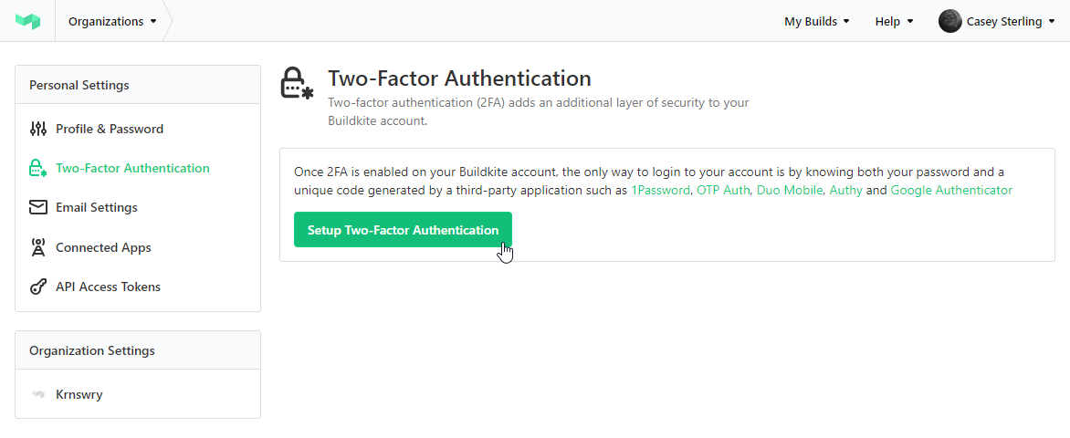 Screenshot of Setup Button for Two-Factor Authentication