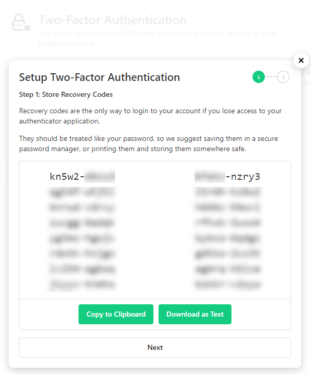 Screenshot of Recovery Codes for Two-Factor Authentication