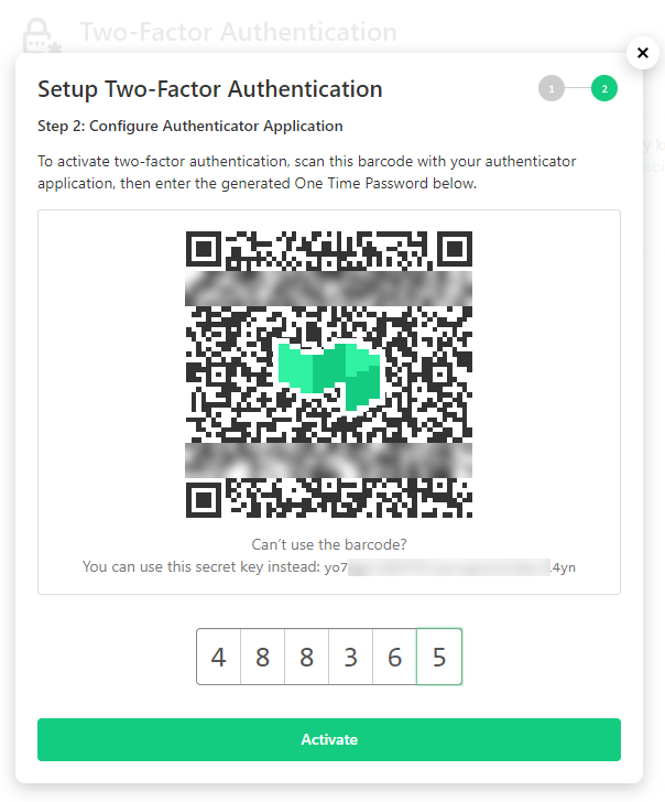 Screenshot of Barcode and Secret Key for Two-Factor Authenticator