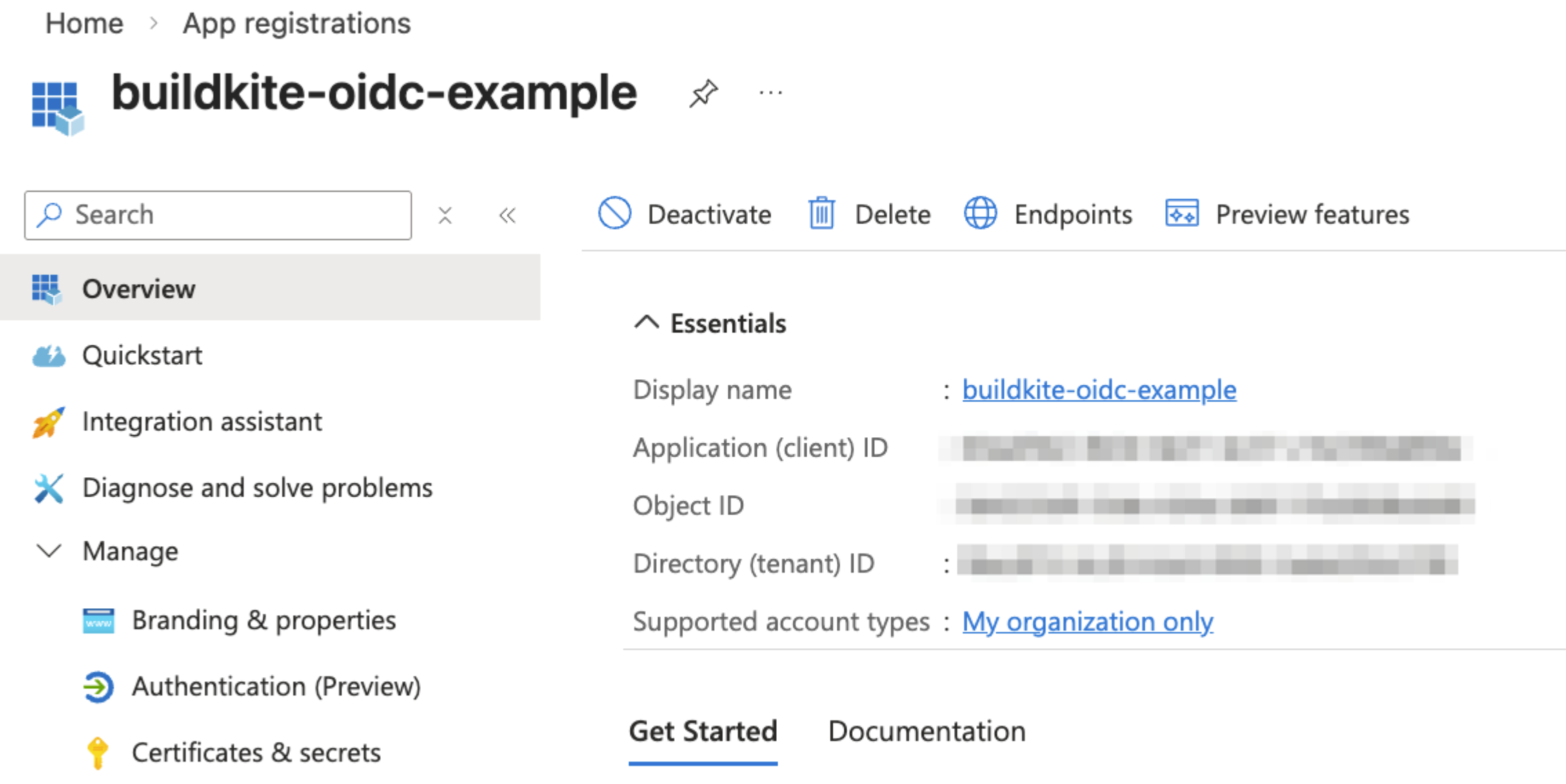 Screenshot of the App Registration overview page showing the Application client ID and Directory tenant ID