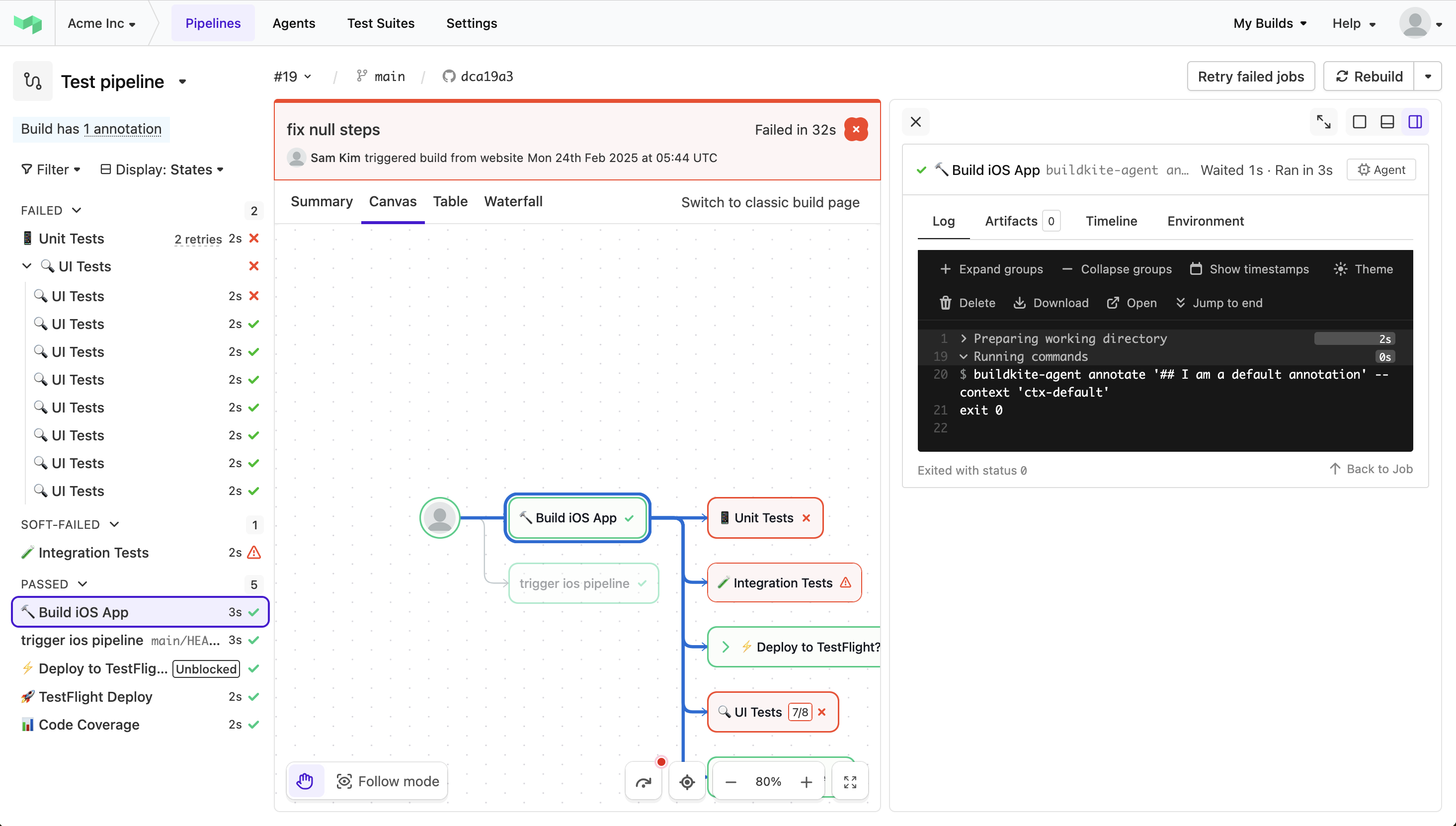 Screenshot showing the parts of the build page