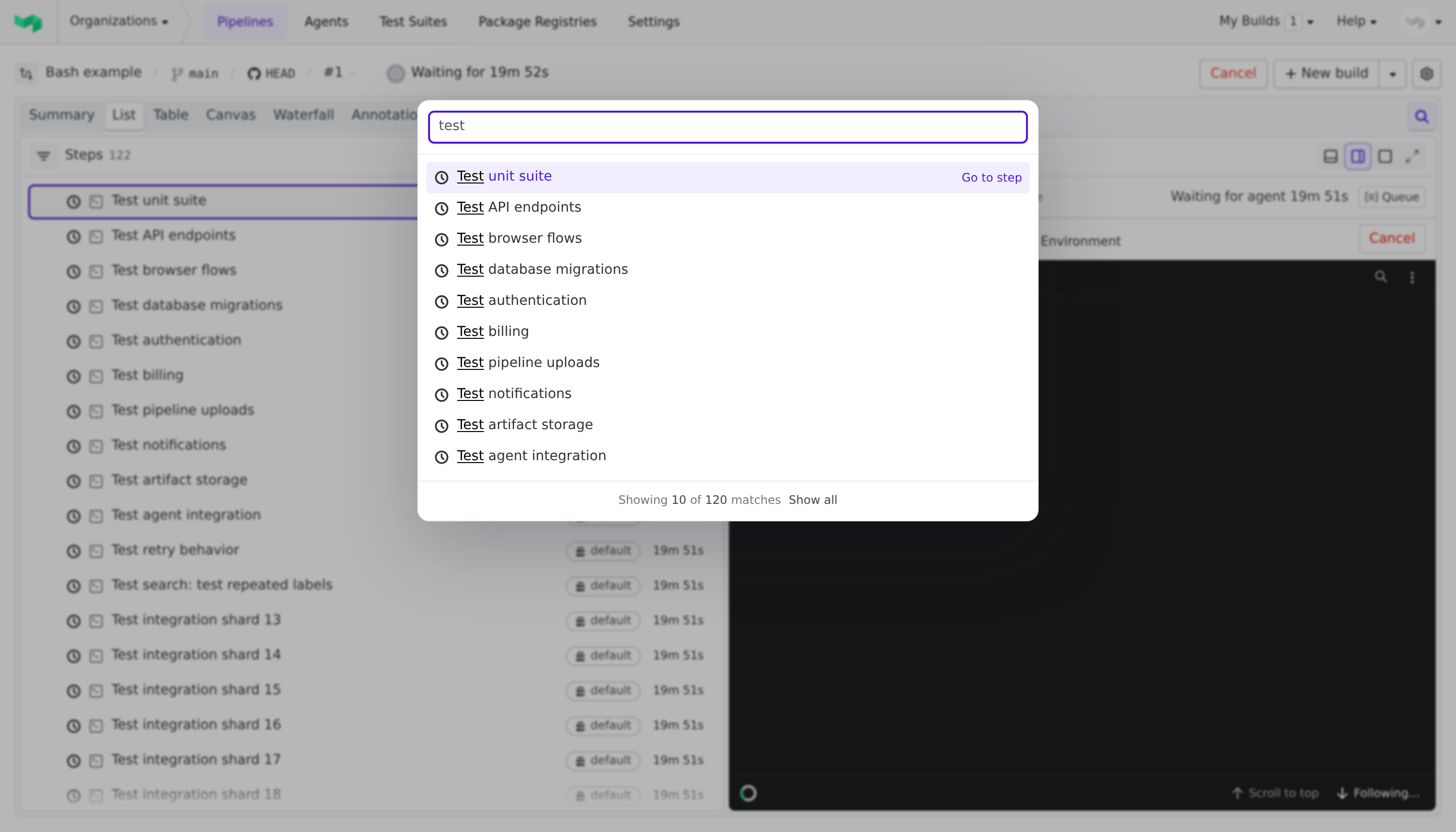Step search showing ten initial matches with underlined matching text and a Show all button