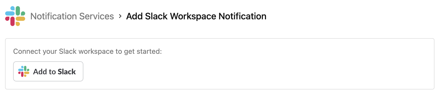 Screenshot of 'Add Slack workspace service' screen on Buildkite. It shows an 'Add to Slack workspace' button