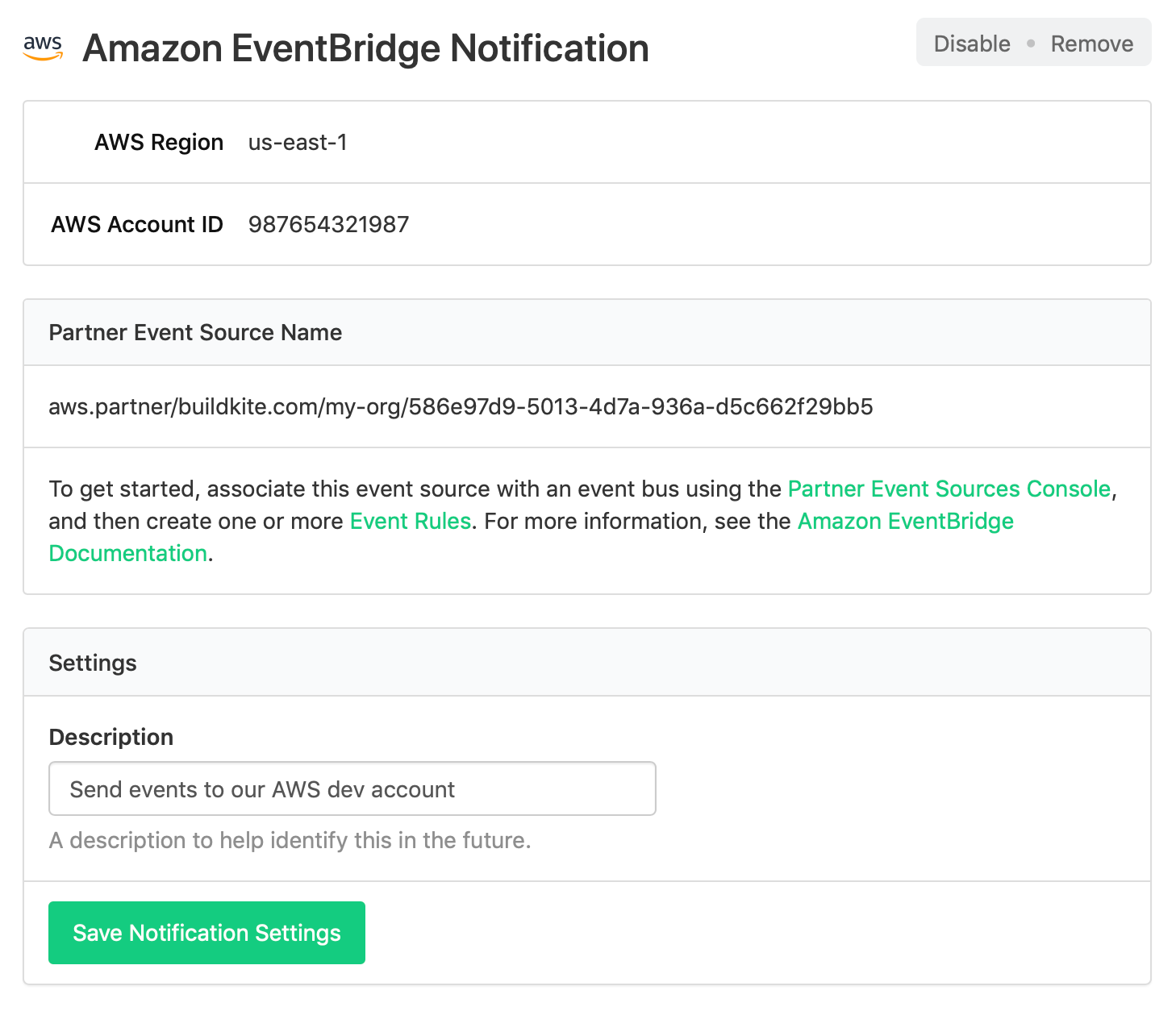 Screenshot of Buildkite Amazon EventBridge Notification Settings