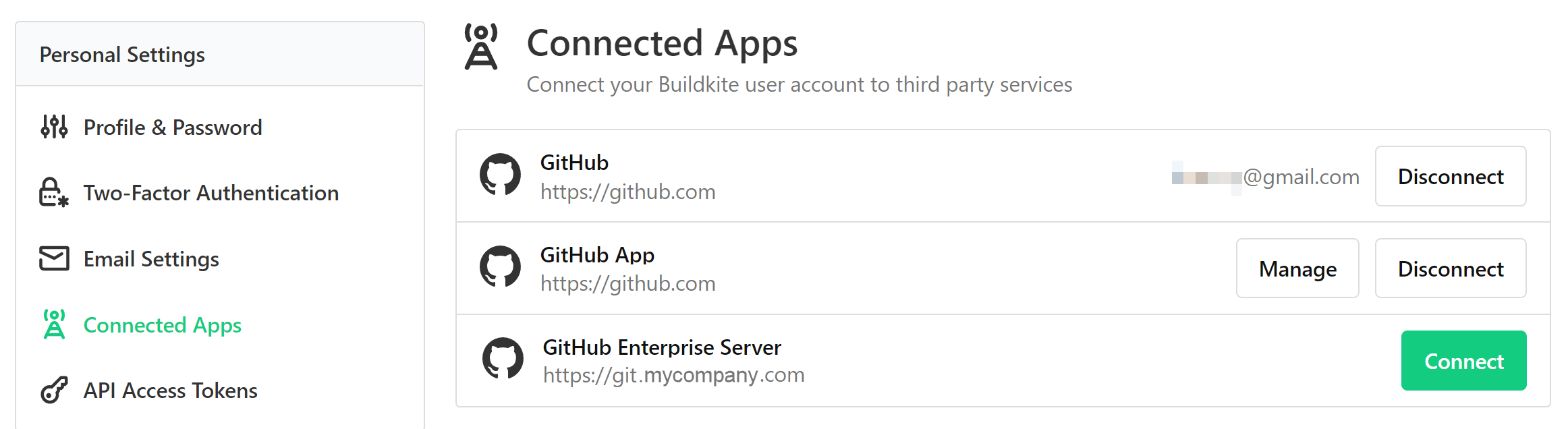 Screenshot of the Connected Apps page in Buildkite Personal Settings with the GitHub Enterprise App