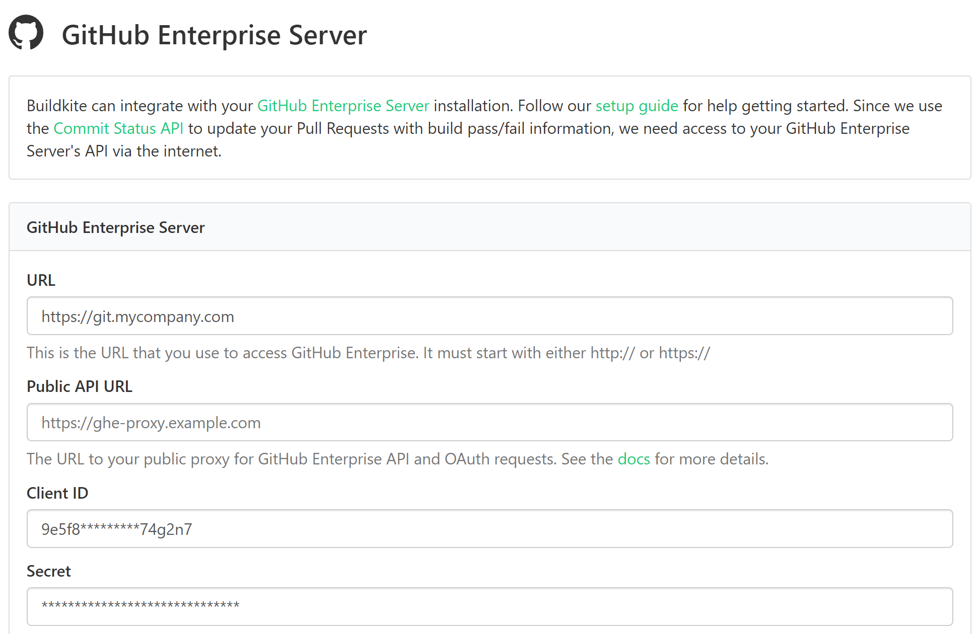 Screenshot of the GitHub Enterprise settings section in Buildkite