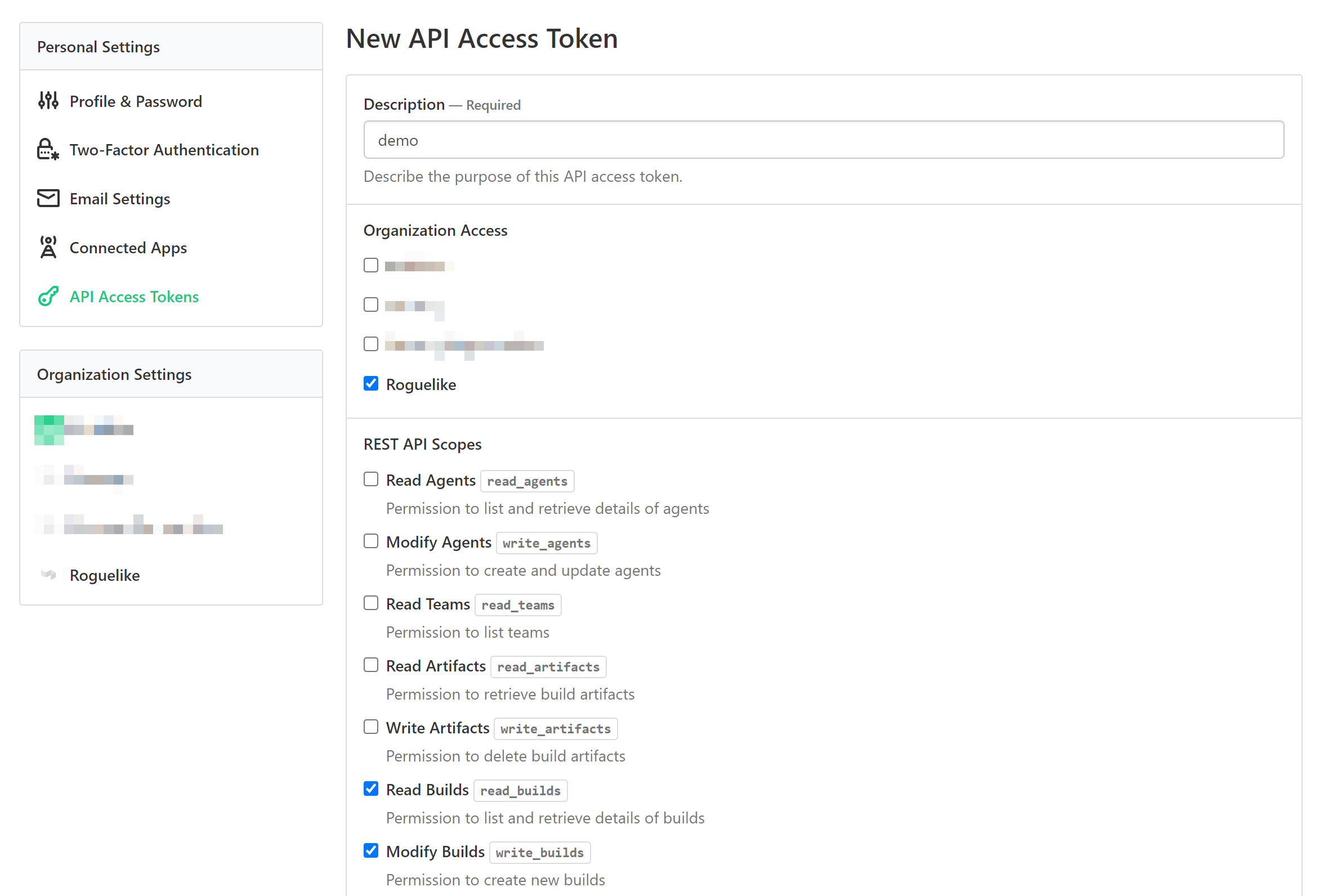 Creating a new Buildkite API access token