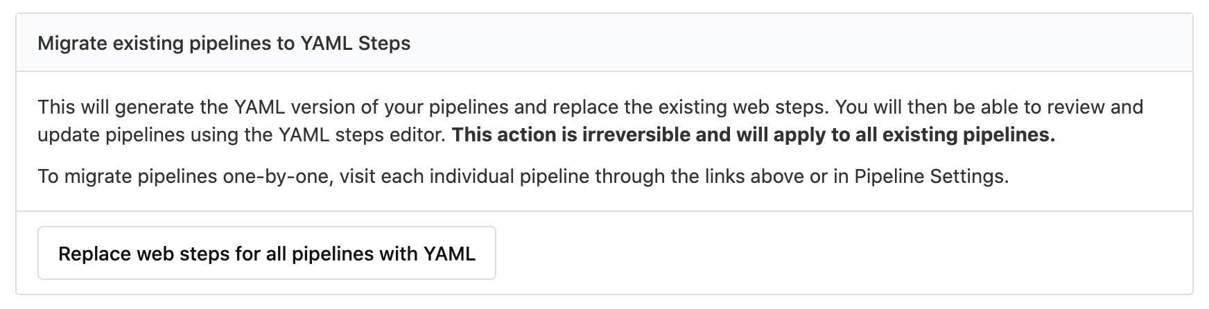 Screenshot of the bulk pipeline migration panel and button