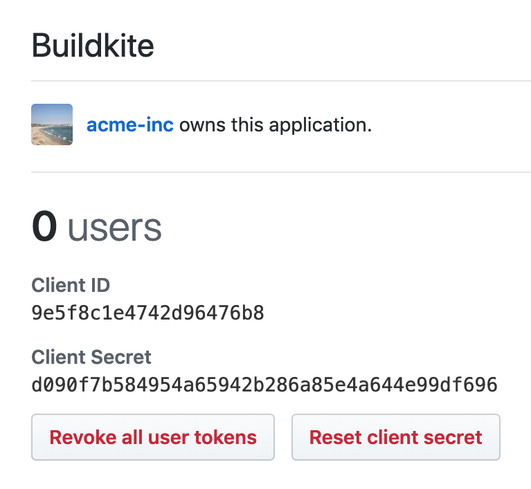 Screenshot of the Client ID and Client Secret section of the Buildkite OAuth App settings page