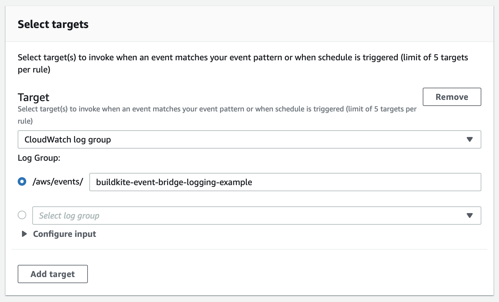 Screenshot of configuring an EventBridge Rule to send to CloudWatch Logs