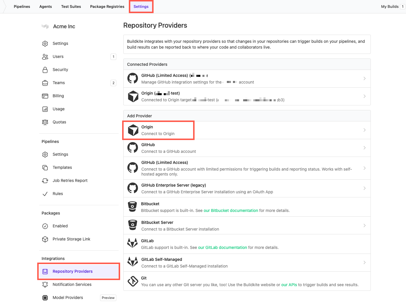 Selecting Origin from the Repository Providers settings to connect it to Buildkite