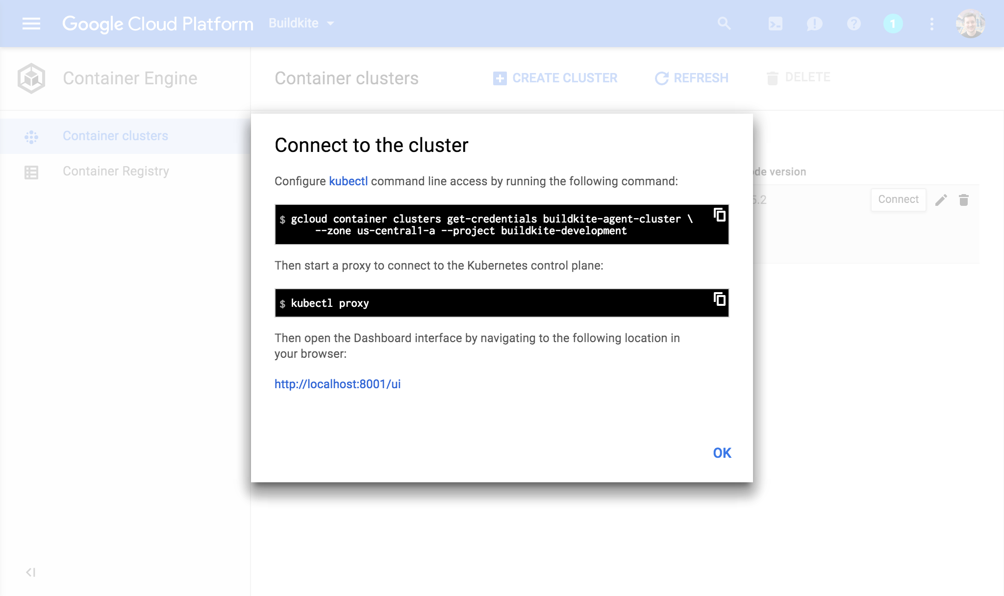 Screenshot of cluster connection settings in the Google Cloud Console