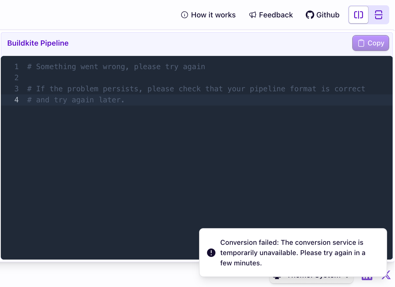 Error message in the Buildkite migration tool's web UI