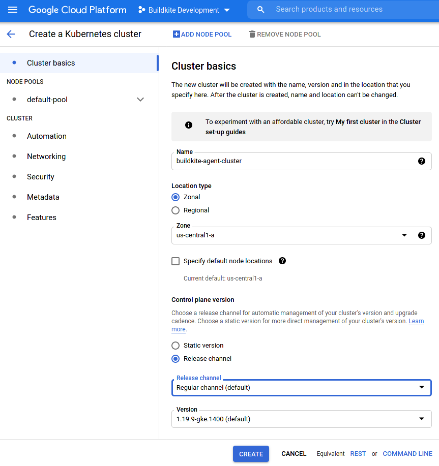 Screenshot of creating a Google Kubernetes Engine cluster using the Google Cloud Console