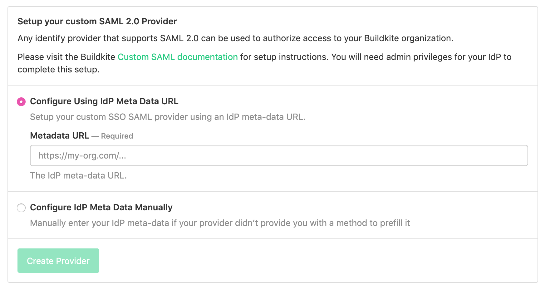 Screenshot of the Buildkite Custom SAML Settings Page
