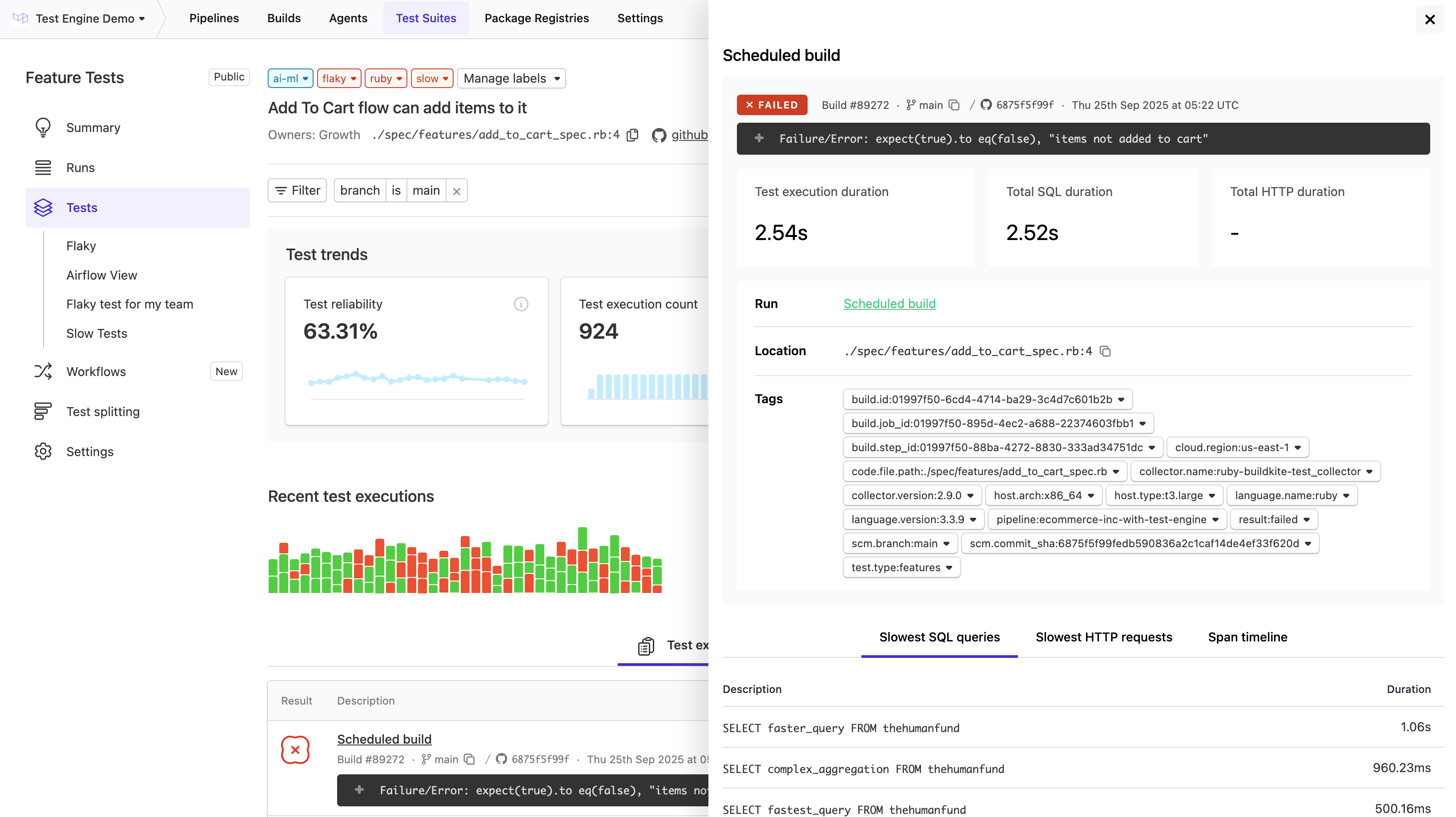 Screenshot of test page with execution drawer open displaying execution tags available for filtering and aggregtion