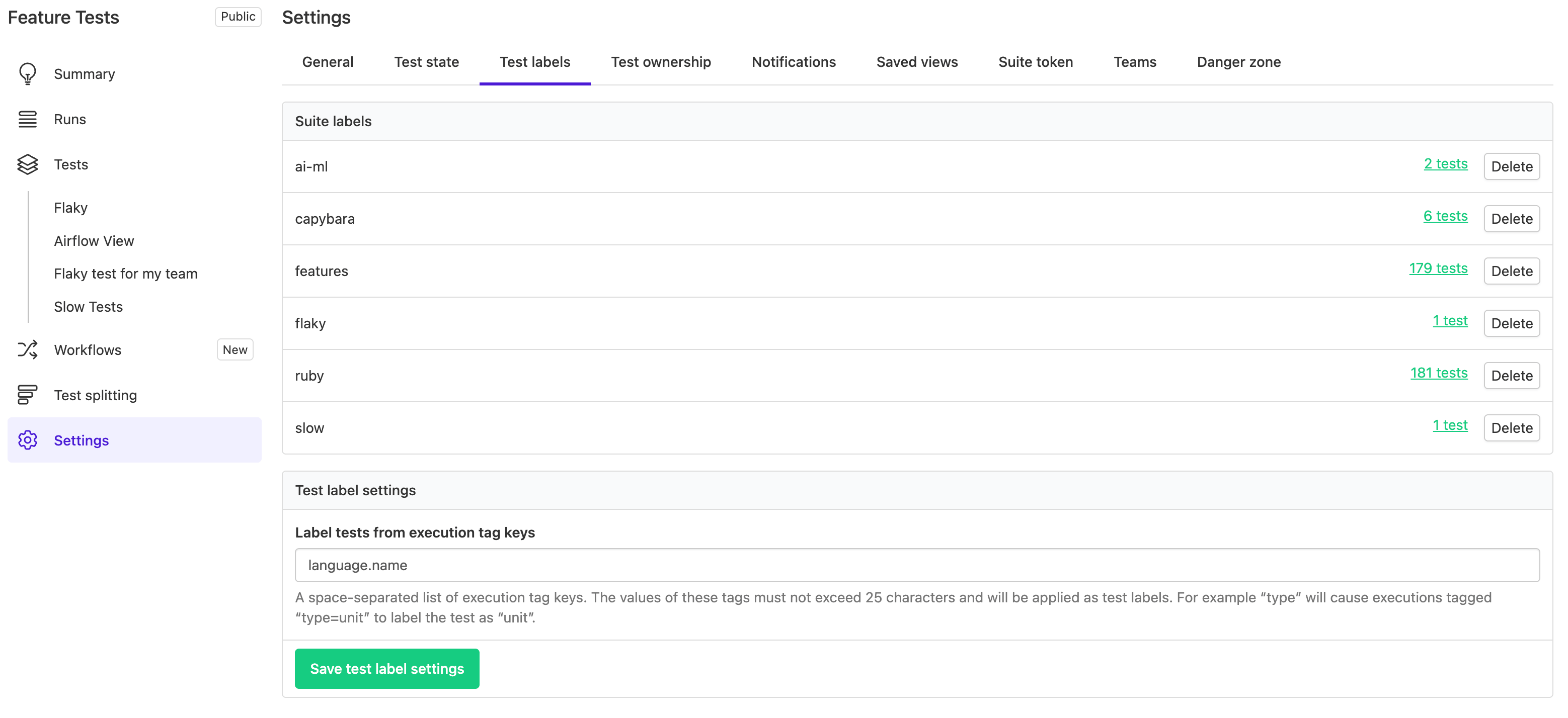 Screenshot of configuring suite settings to copy tags to labels
