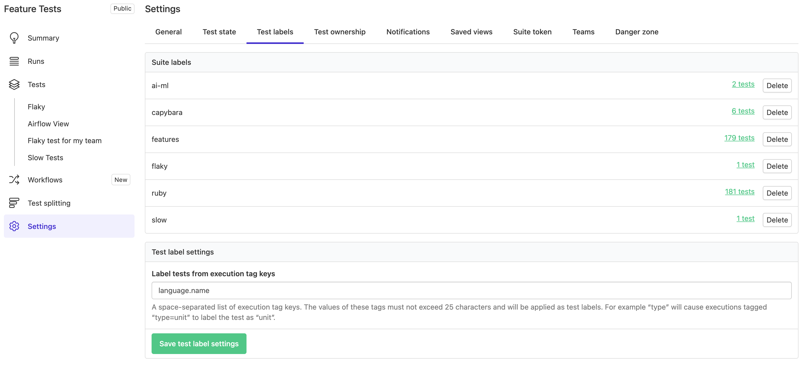 Screenshot of configuring suite settings to copy tags to labels