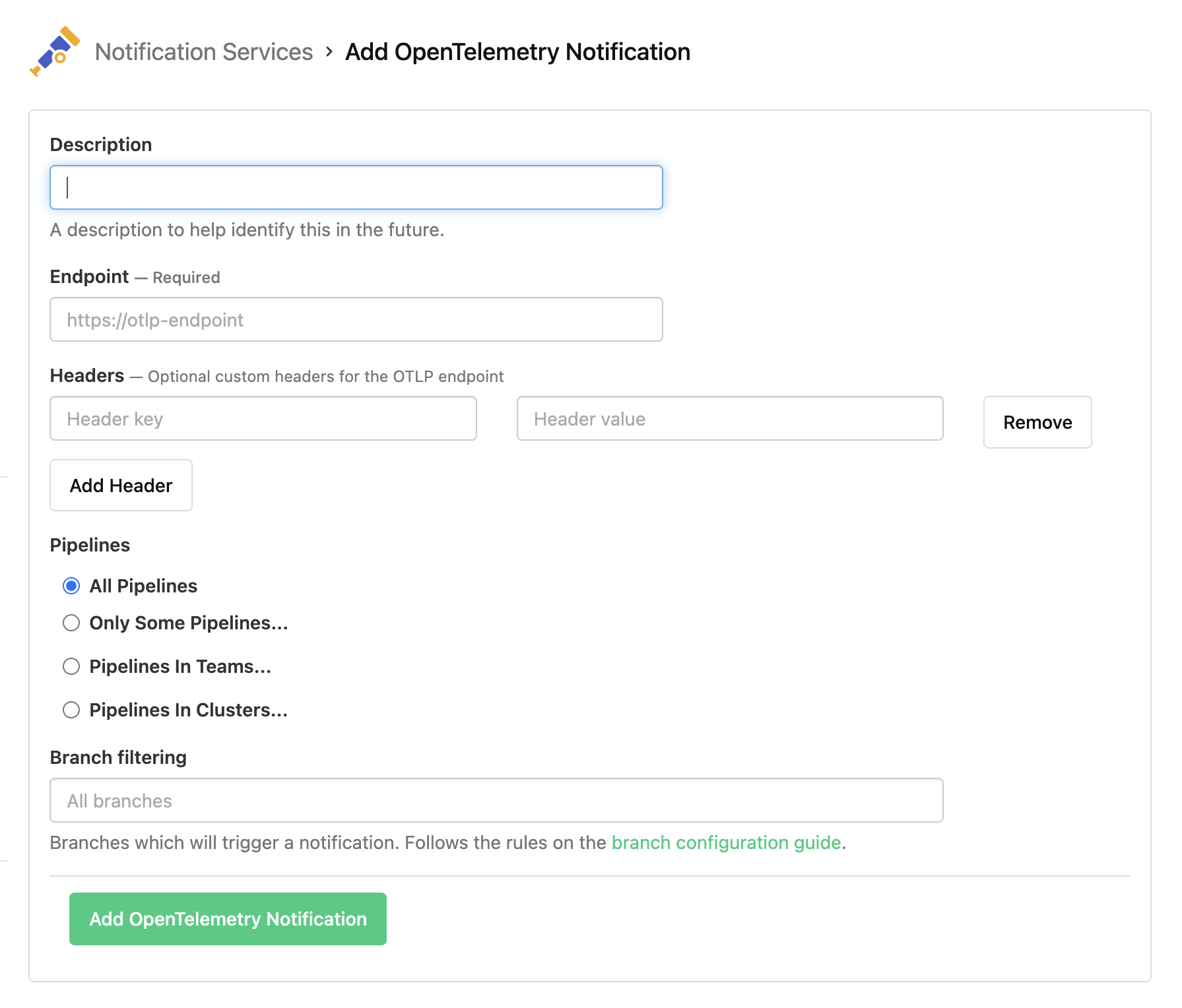 Screenshot of OpenTelemetry Notification Service settings