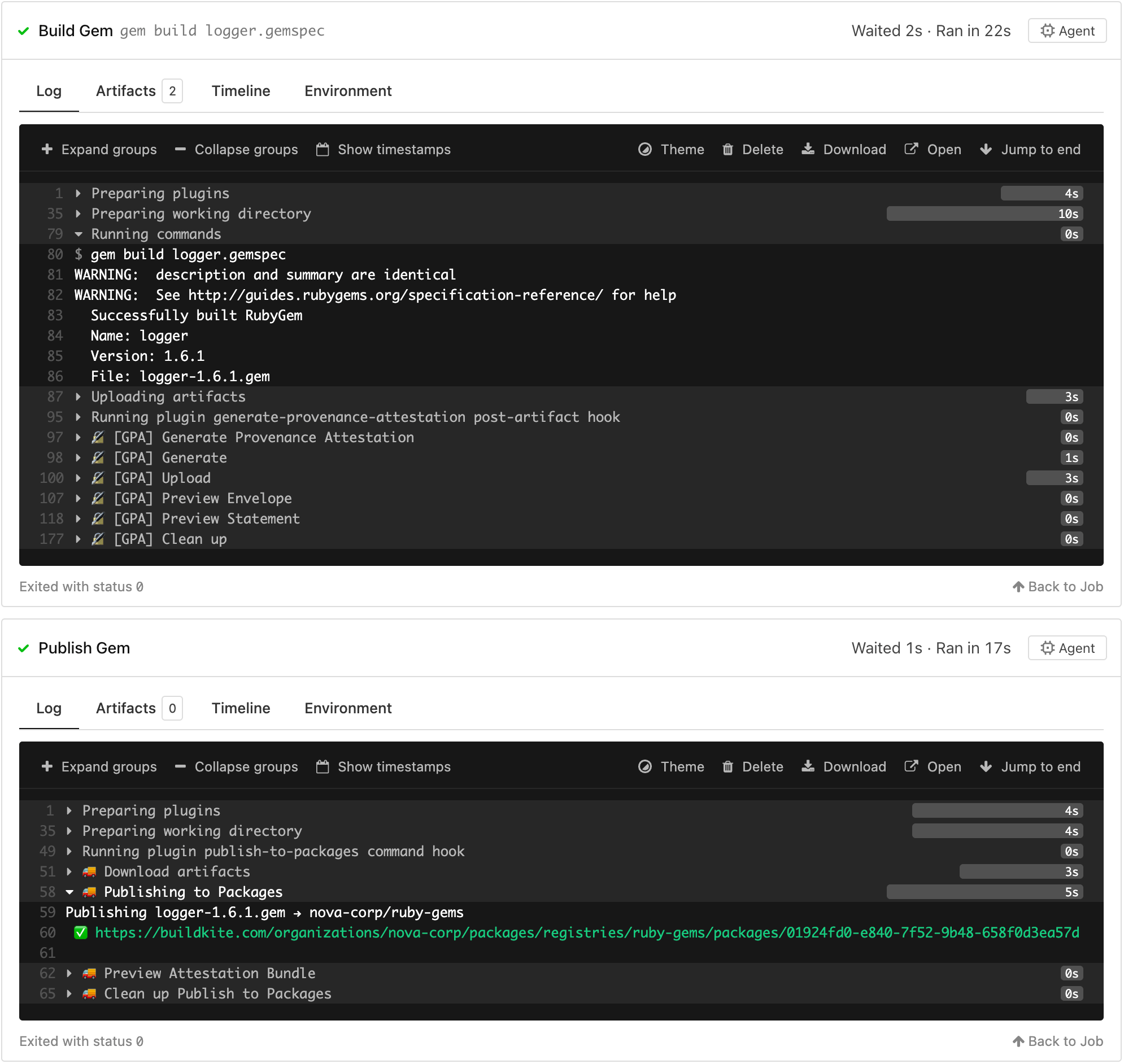 Screenshot of Artifacts showing the attestation generated by the Generate Provenance Attestation plugin.