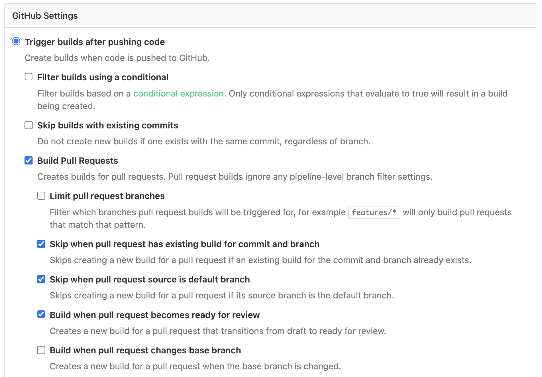 Example GitHub Settings for a Buildkite pipeline