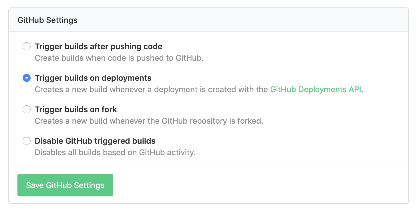 Buildkite's GitHub Settings with 'Trigger builds on deployment' checkbox selected