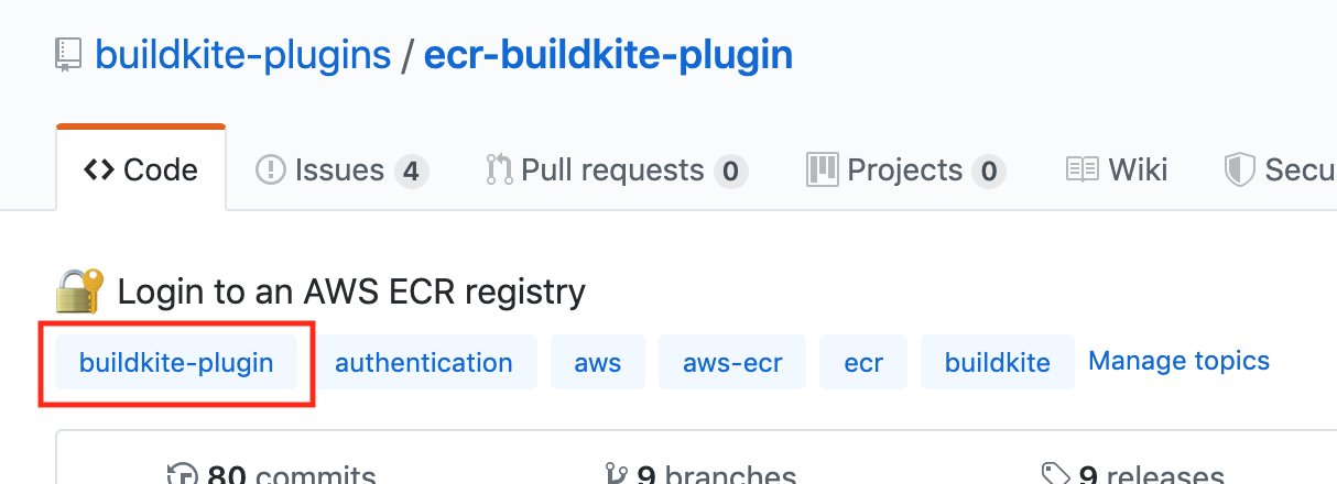 Screenshot of the ECR plugin GitHub repo with the Buildkite-plugin topic highlighted by a red box