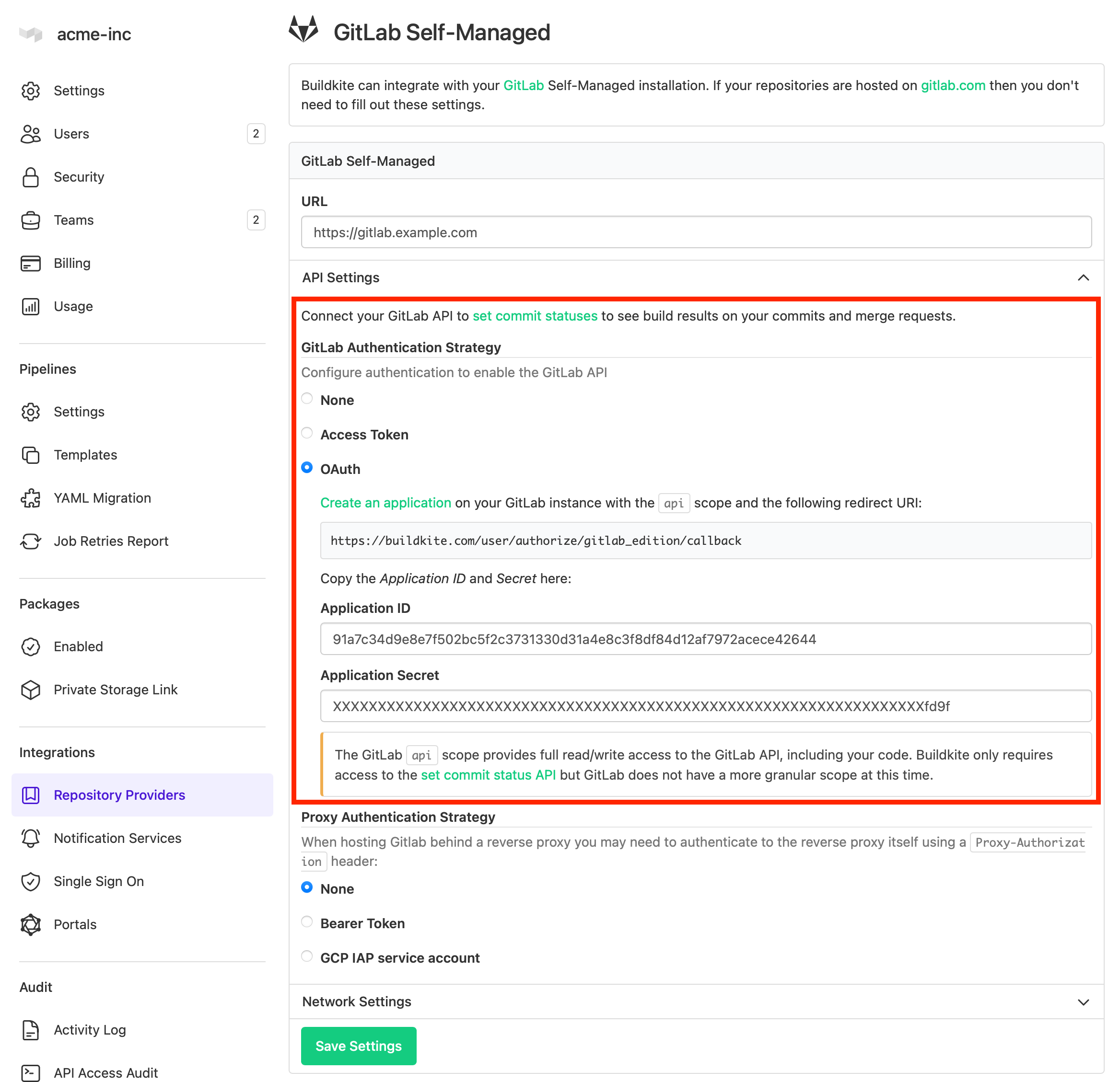 Screen of Buildkite GitLab repository provider settings page with authentication configured