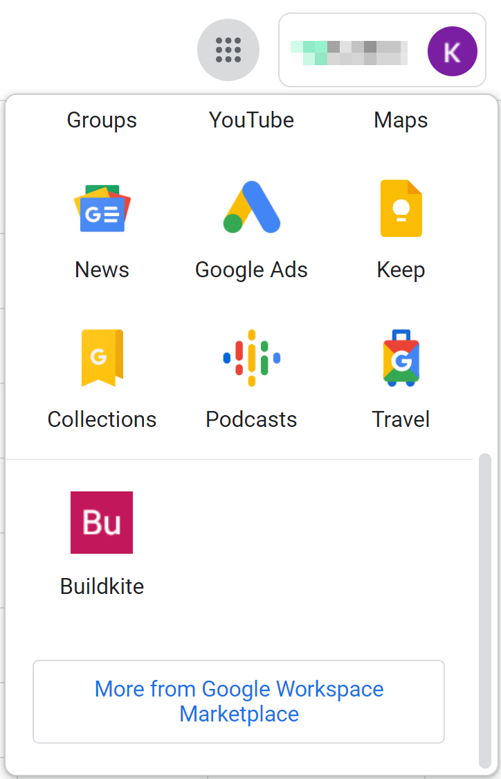 Buildkite in Google Apps menu