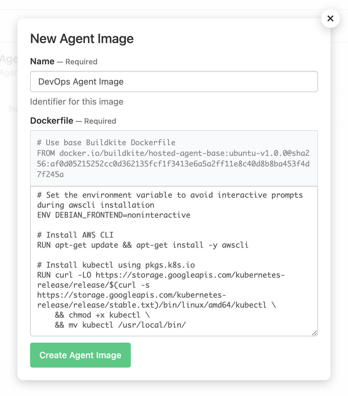Hosted agents create image form displayed in the Buildkite UI