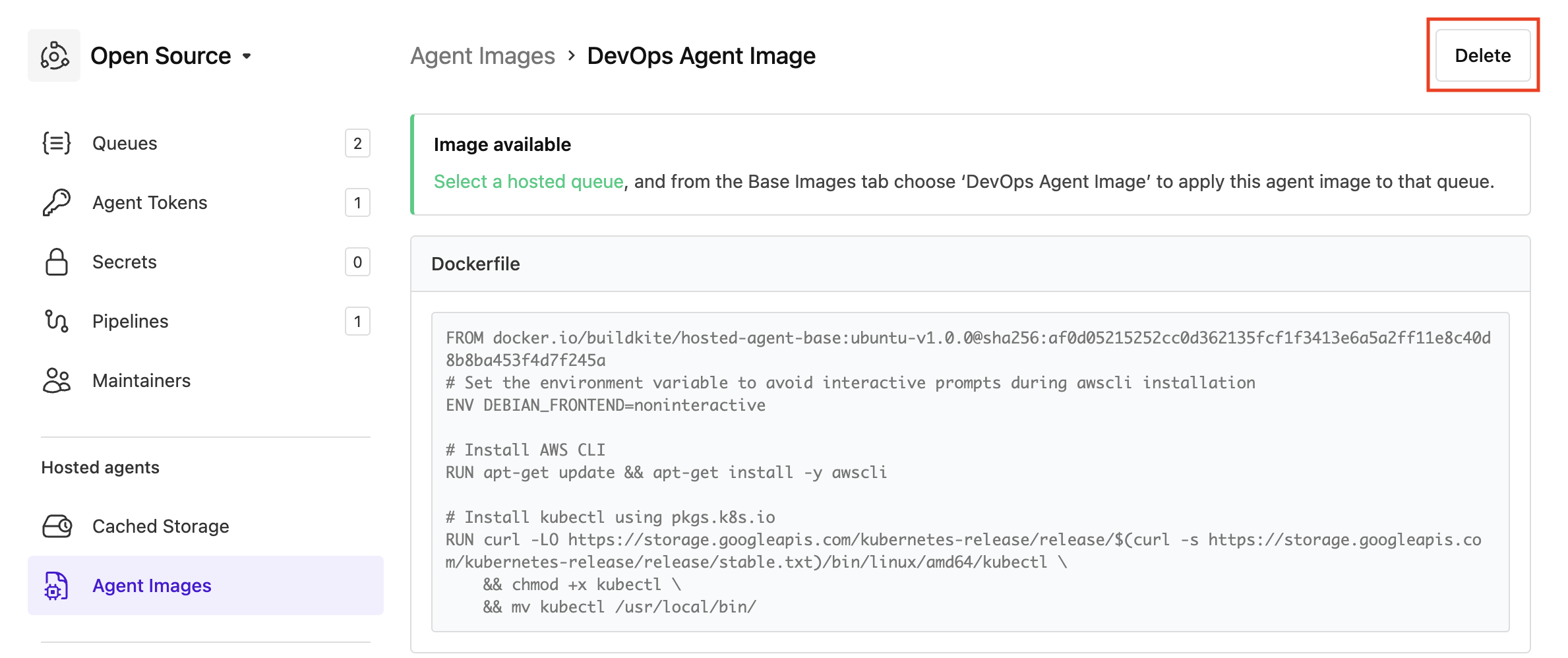 Hosted agents delete image form displayed in the Buildkite UI