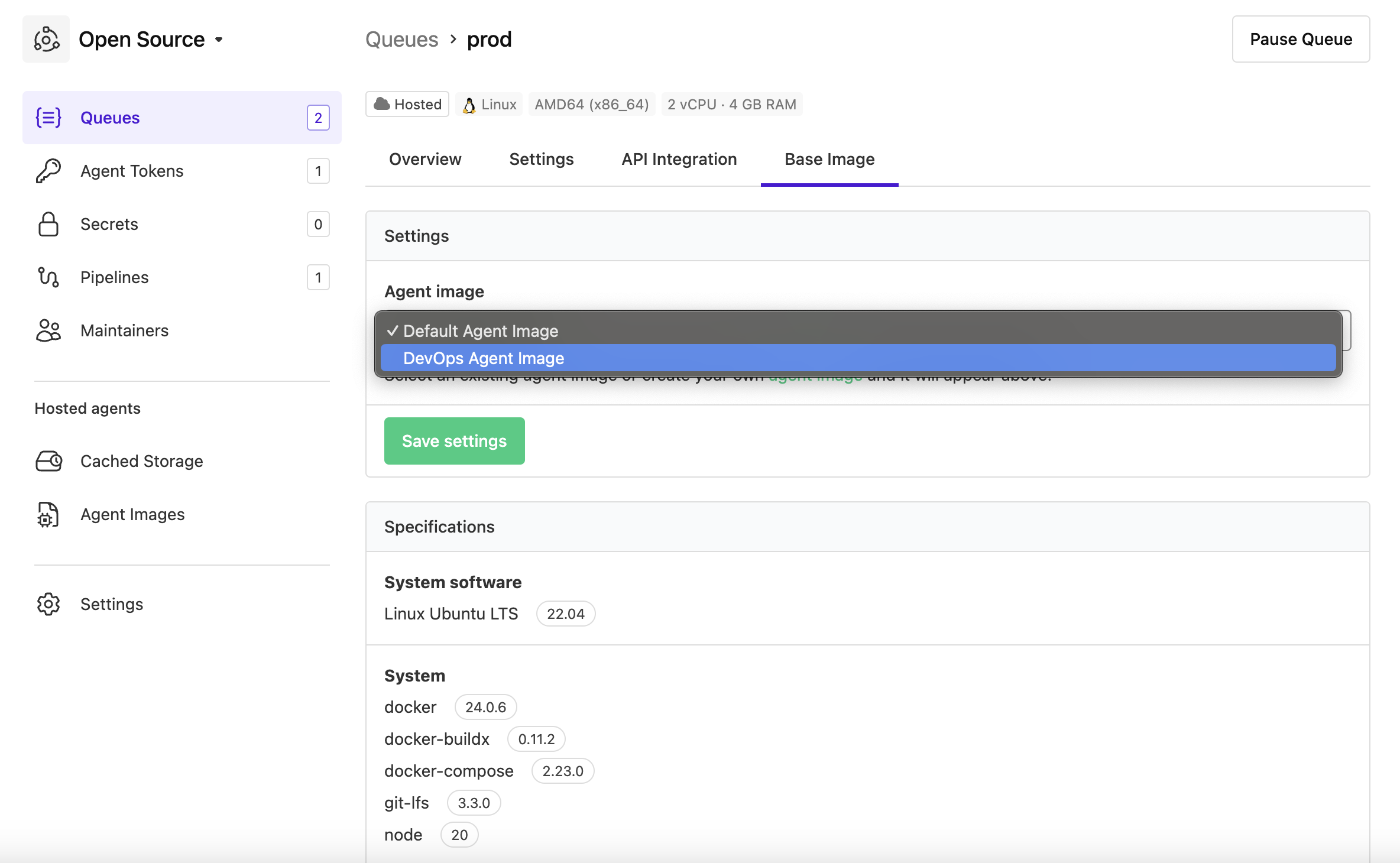 Buildkite hosted agents queue image setting displayed in the Buildkite interface