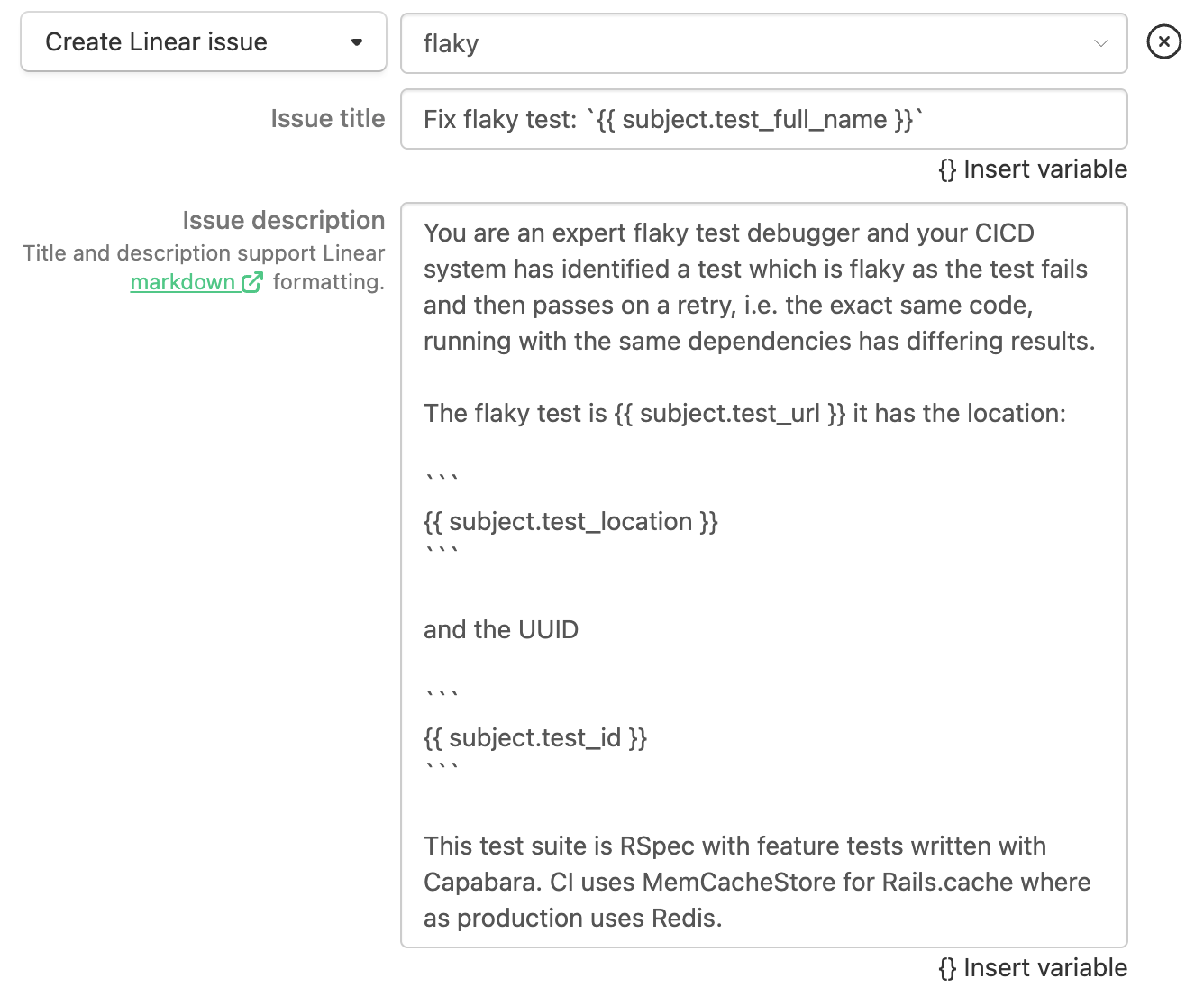 Screenshot showing Linear workflow action configuration