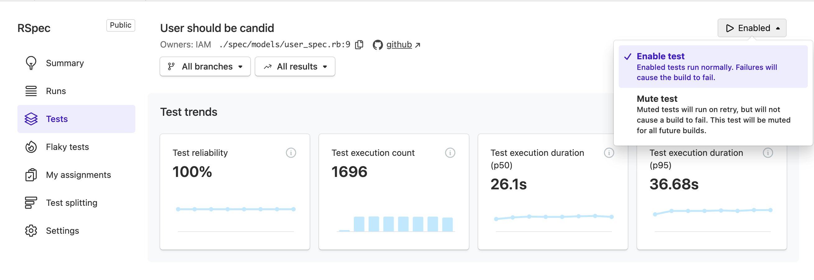 Manually quarantine individual tests via the dropdown.