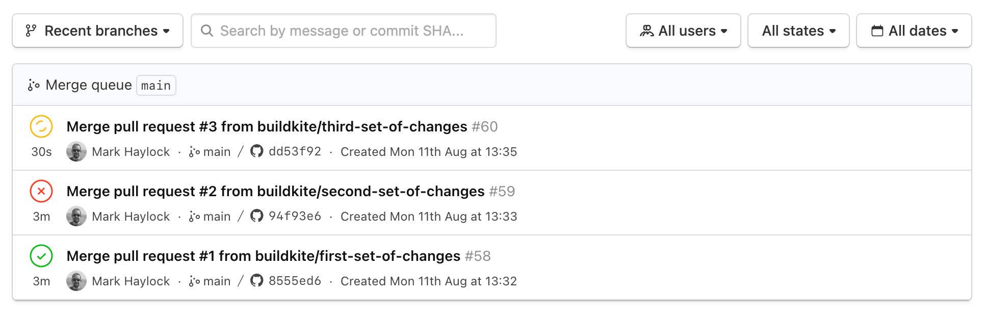 Merge queue builds listed at the top of a pipeline
