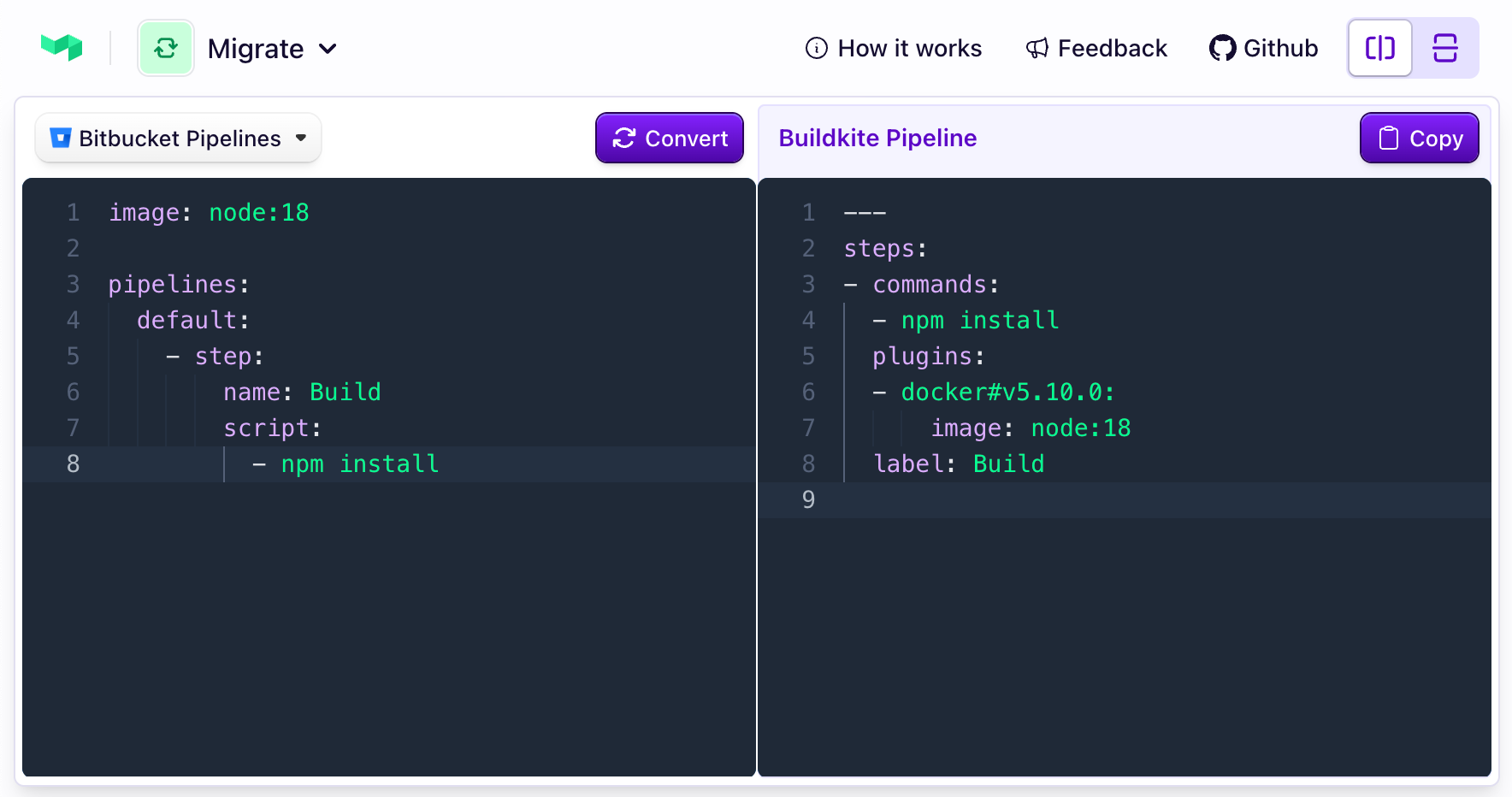 Converting a Bitbucket pipeline in Buildkite migration tool's web UI