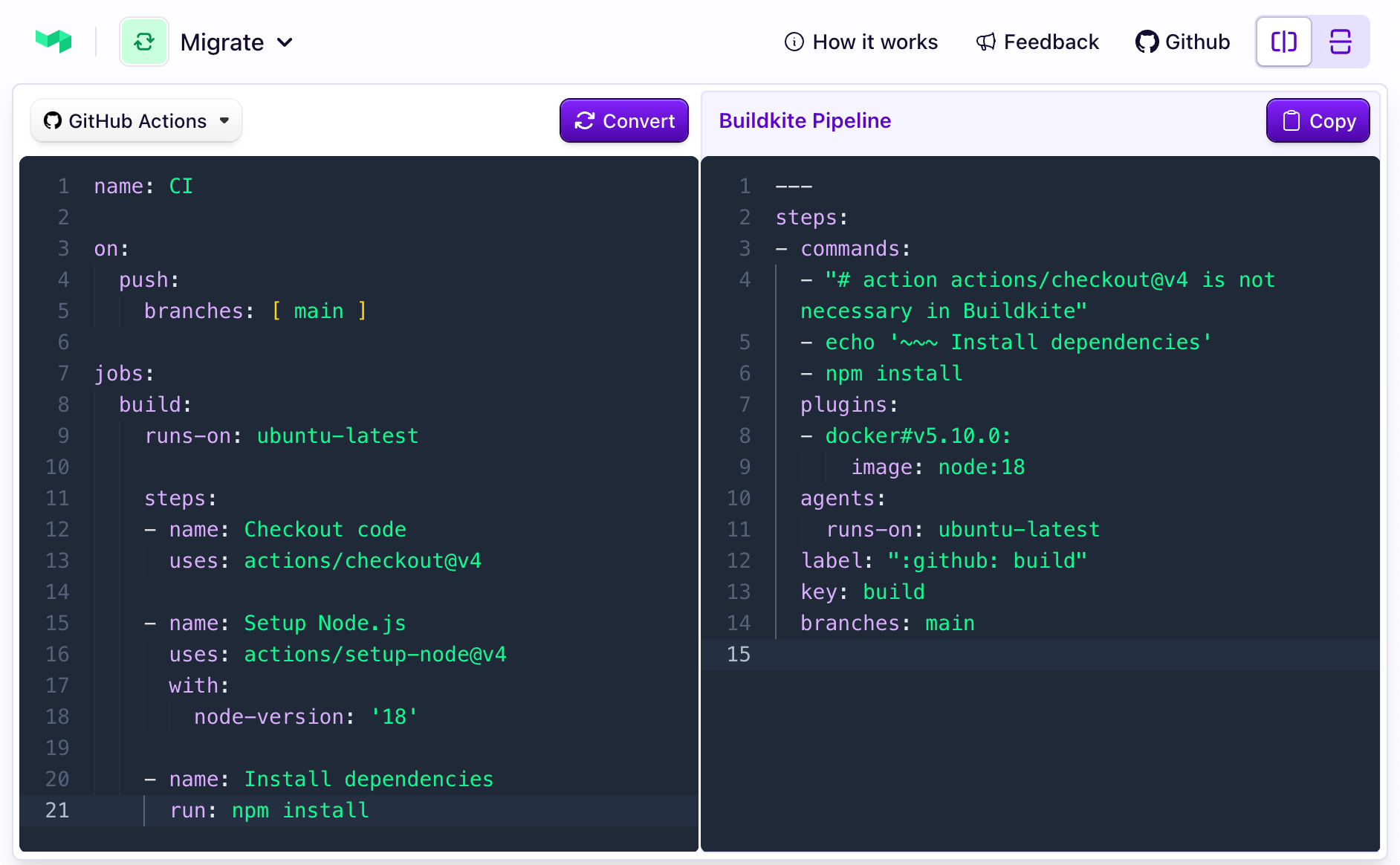 Converting a GitHub Actions pipeline in Buildkite migration tool's web UI