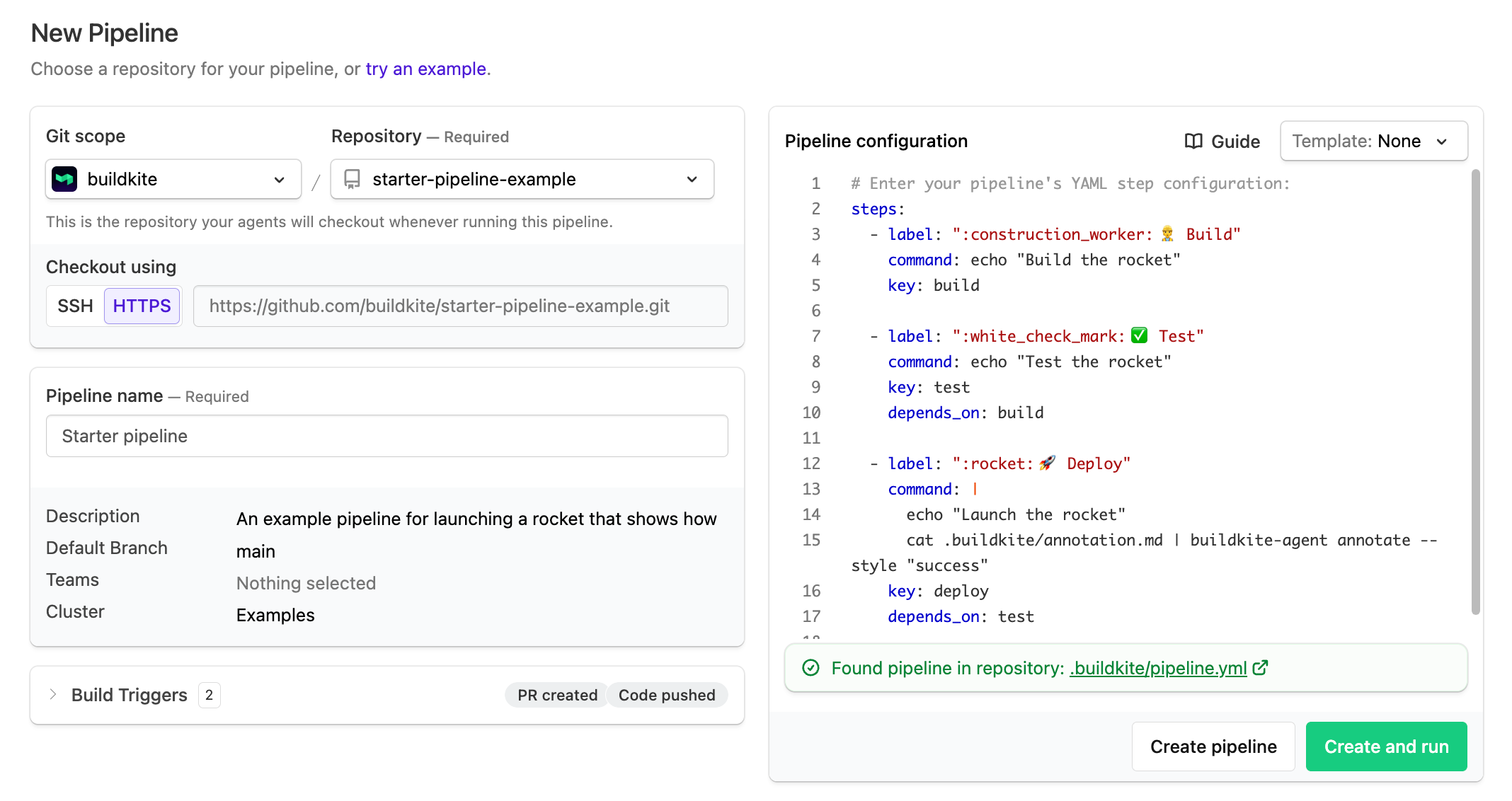 New Pipeline page with the 'try an example' link in the header