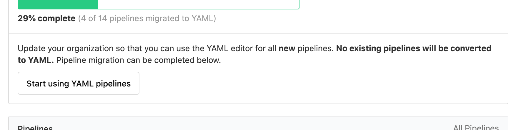 Screenshot of the button to use YAML steps for new pipelines
