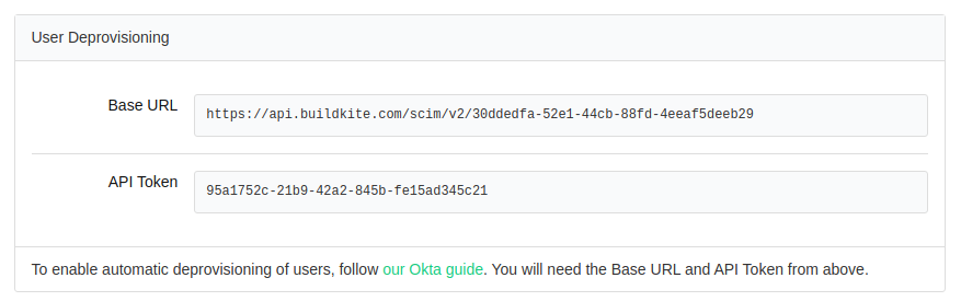 Screenshot of the Buildkite Okta Settings SCIM Deprovisioning section
