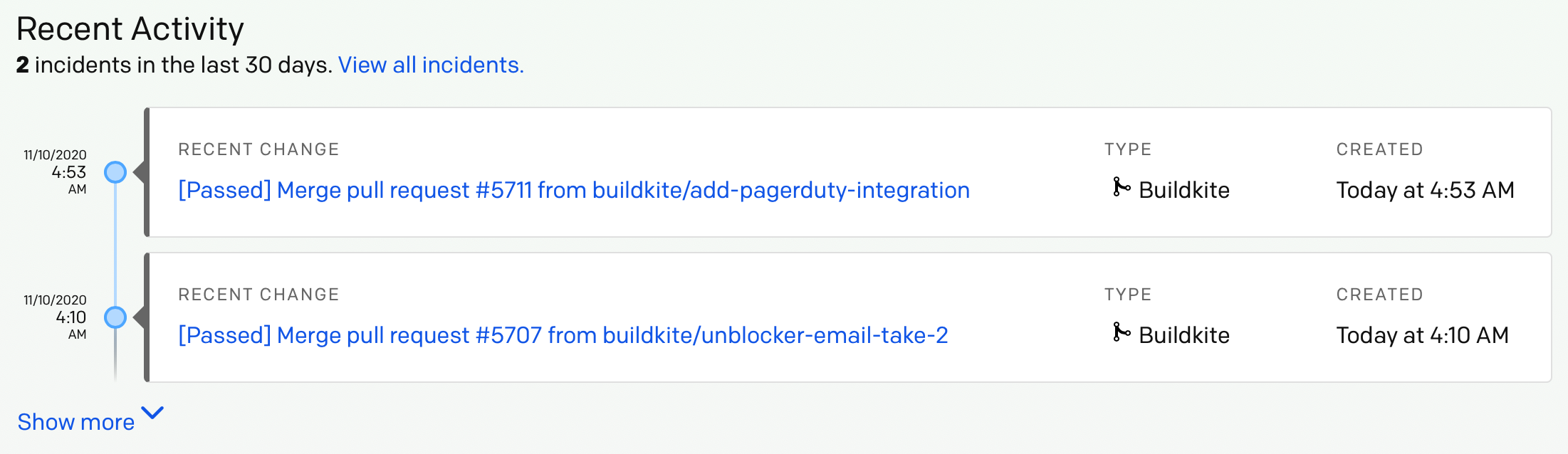 Screenshot of the recent events in PagerDuty