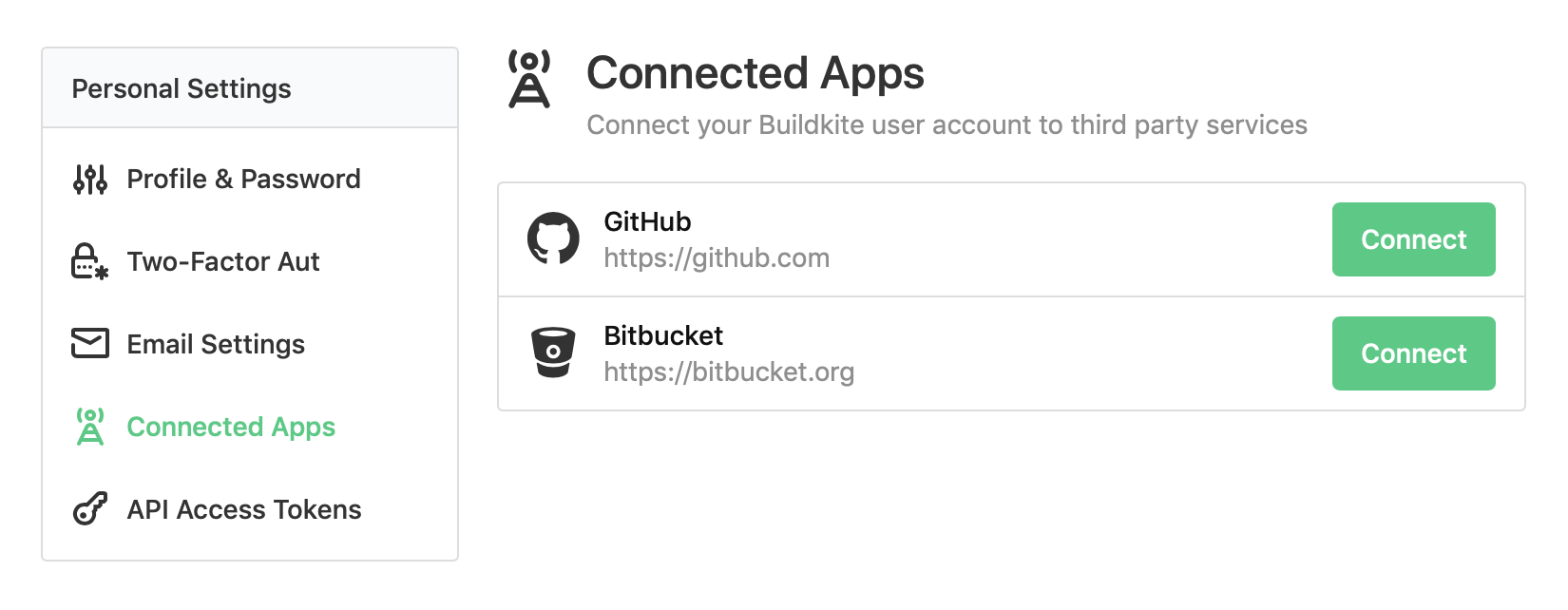Screenshot of the Buildkite Connected Apps screen