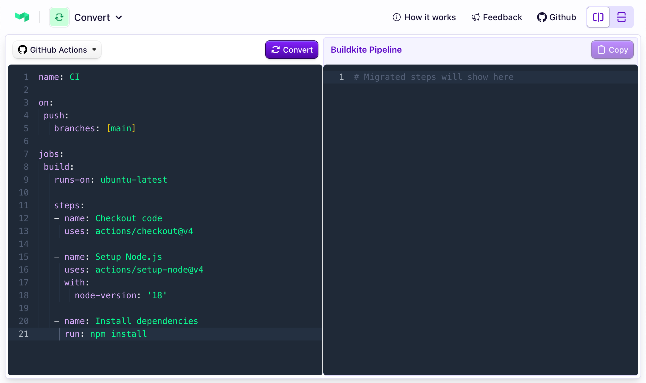 Converting GitHub Actions pipeline to a Buildkite pipeline using Buildkite pipeline converter