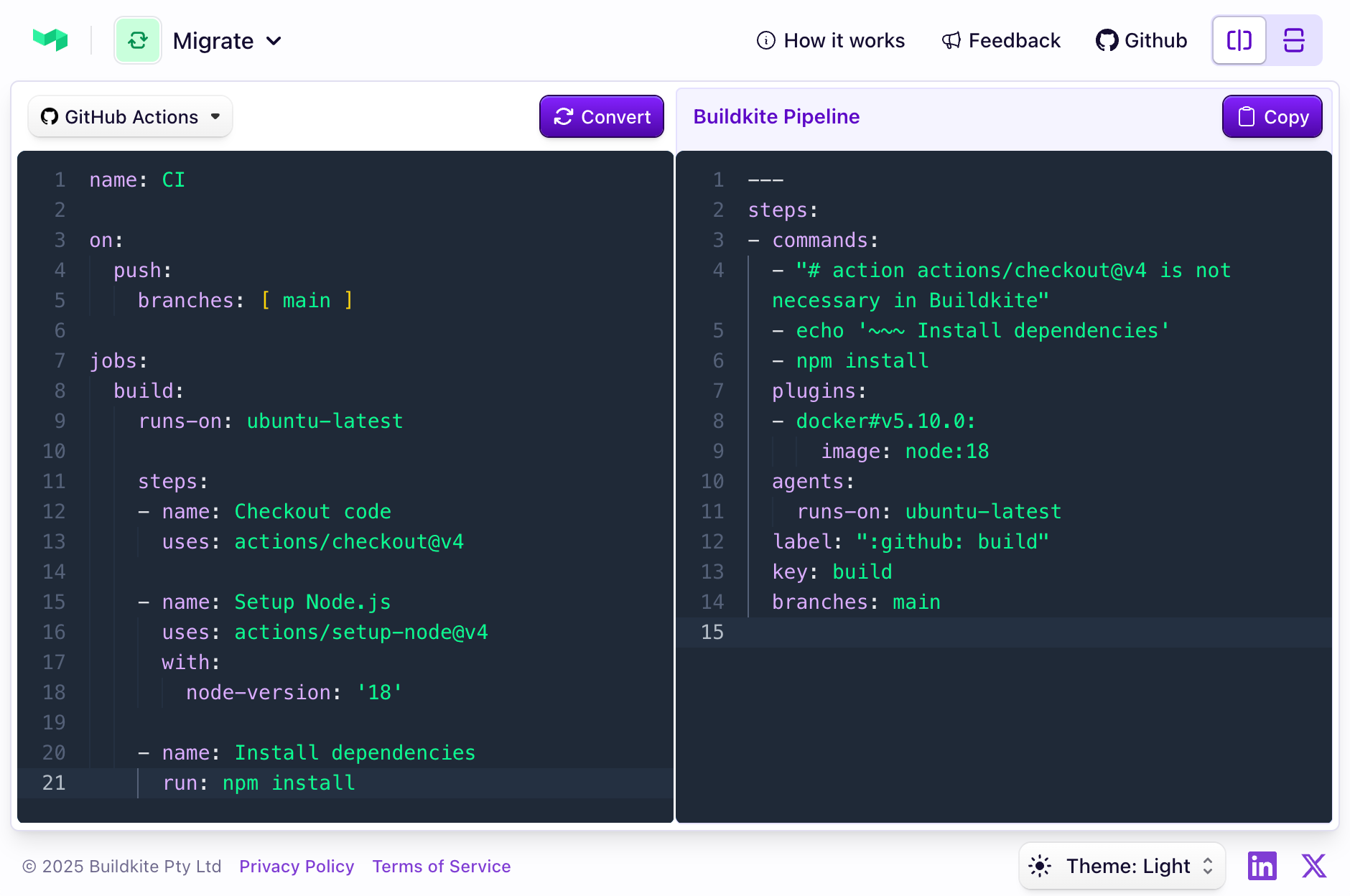 Converting GitHub Actions pipeline to a Buildkite pipeline using Buildkite migration tool