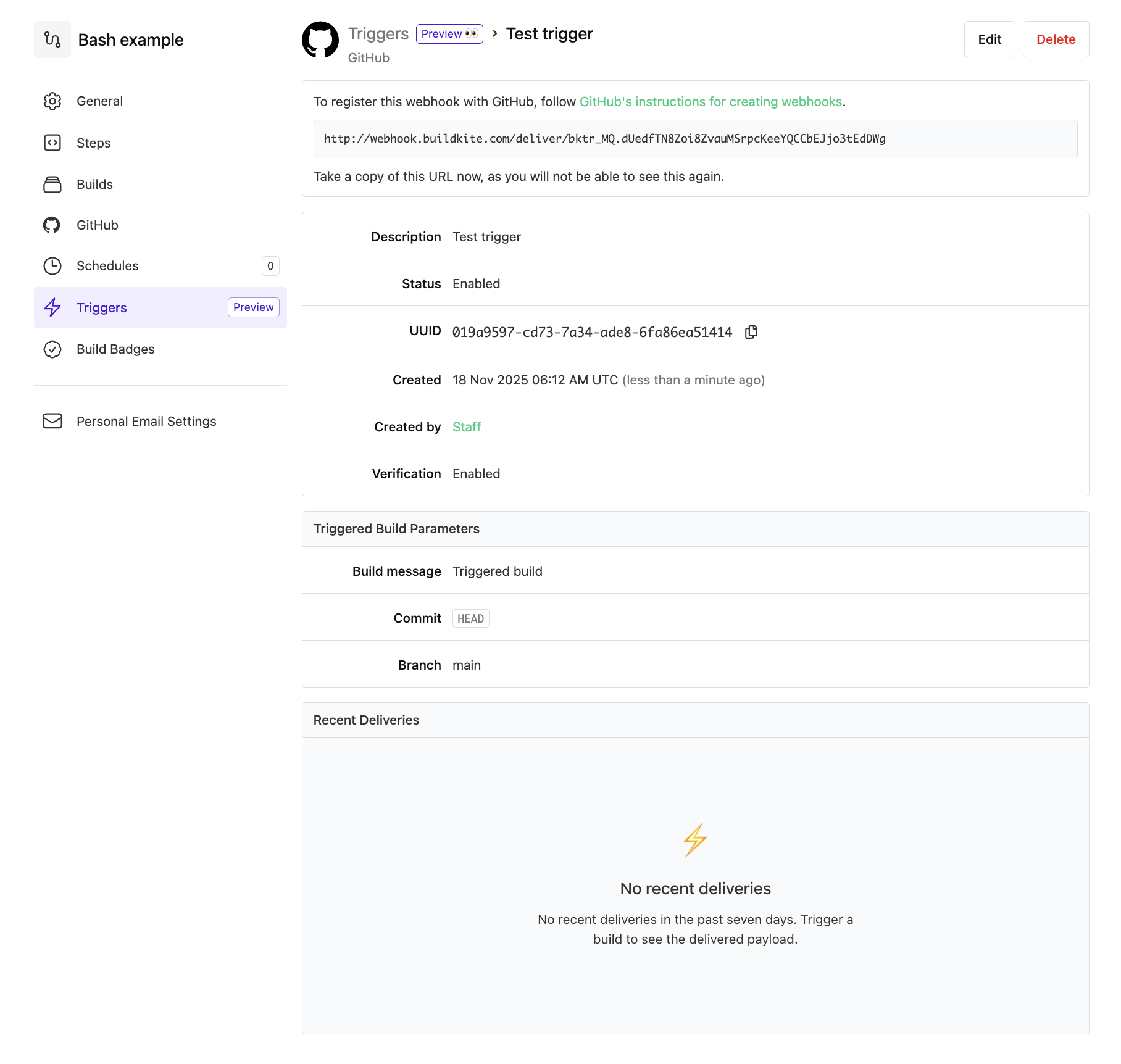 Successful creation of a pipeline trigger