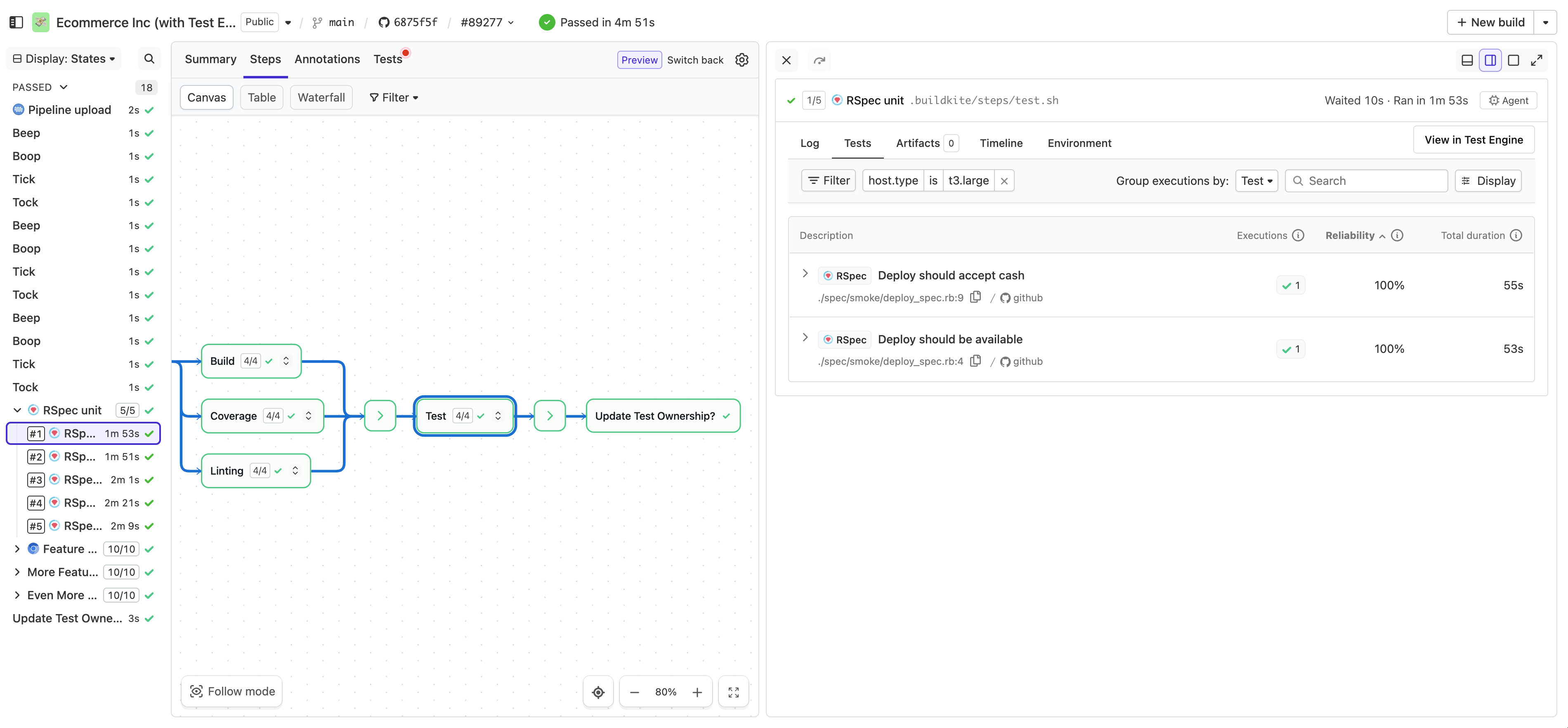 Screenshot of filtering tests on a pipeline build