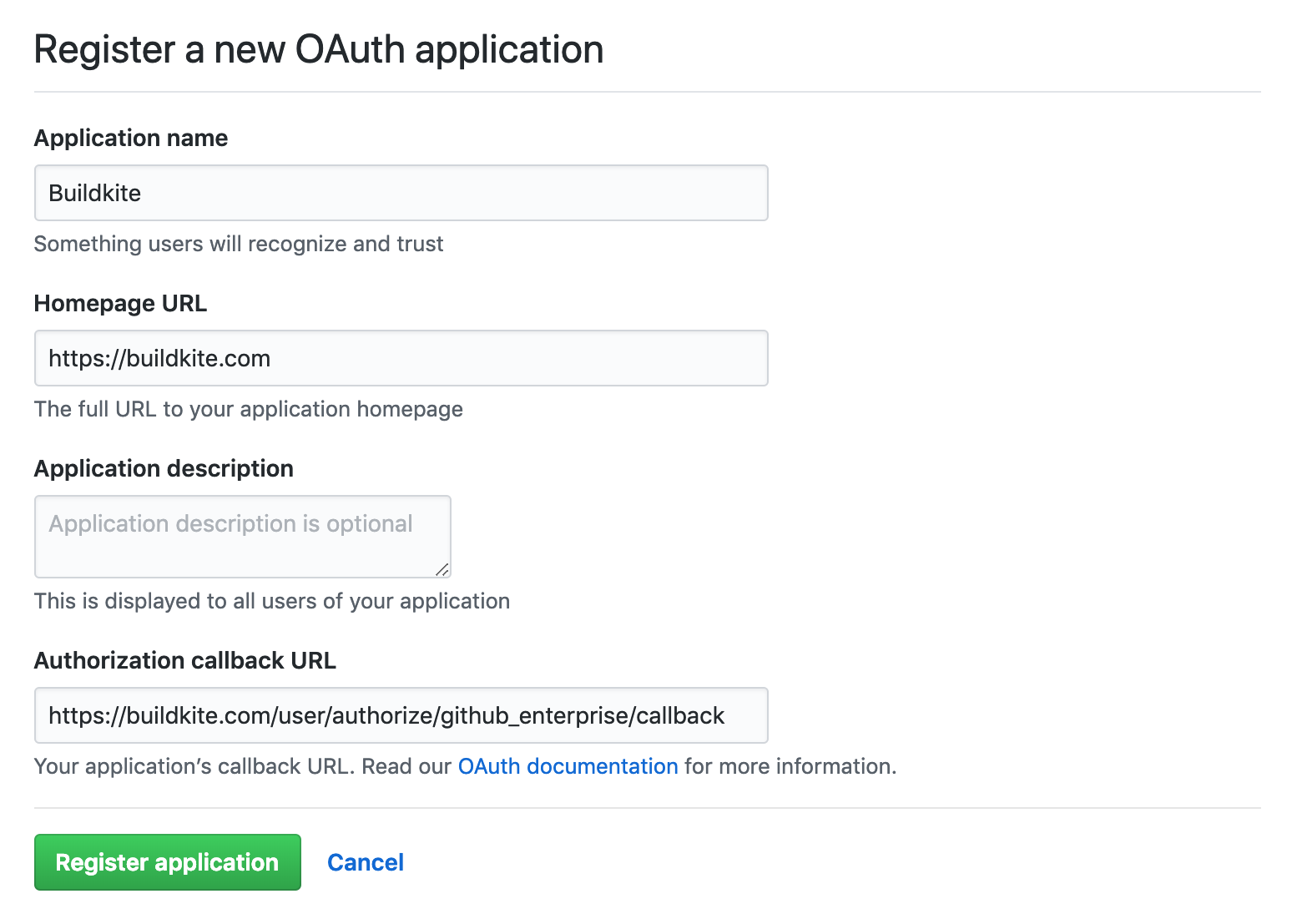 Screenshot of the form to Register an OAuth Application