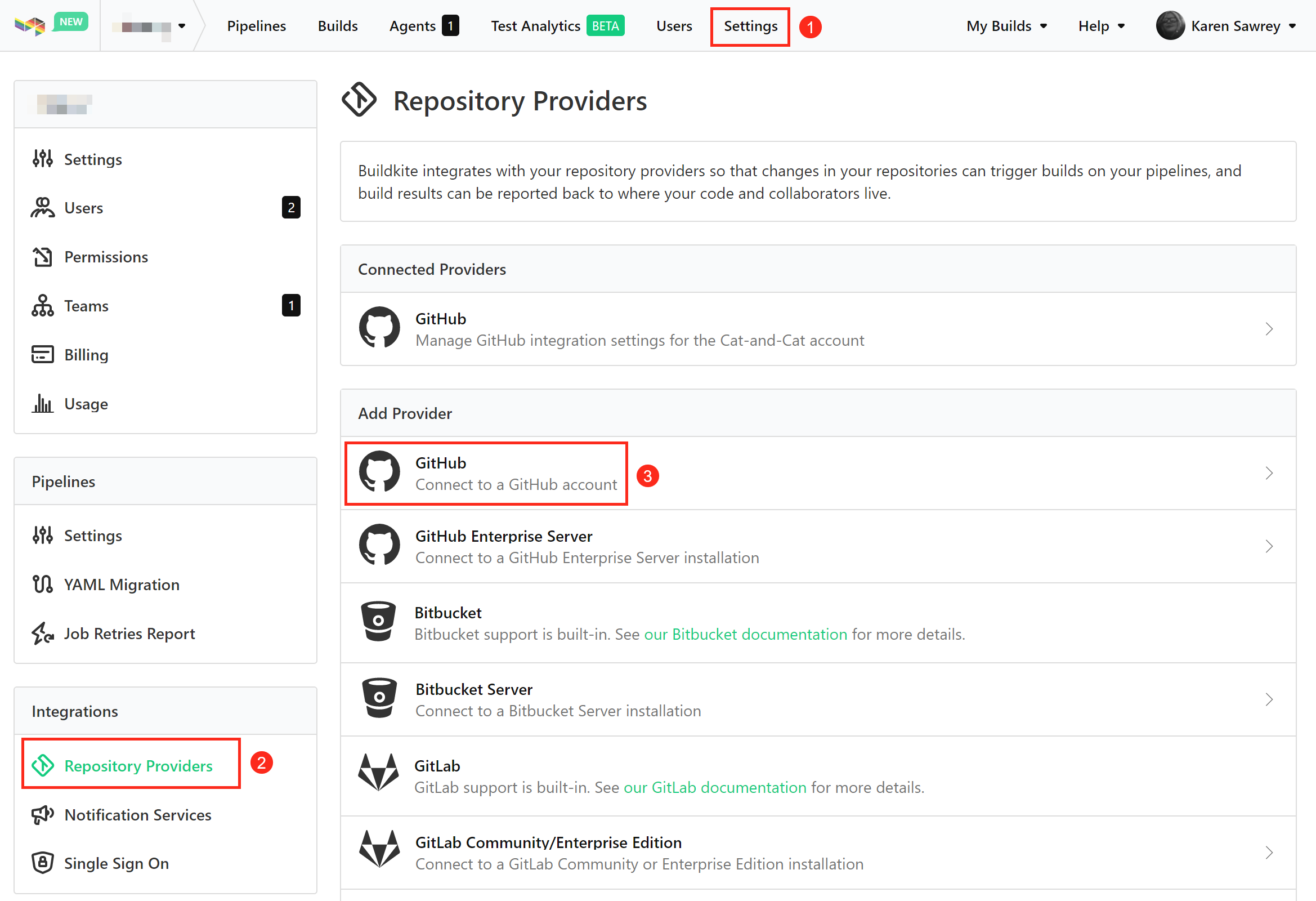 Screenshot of the Buildkite Repository Providers